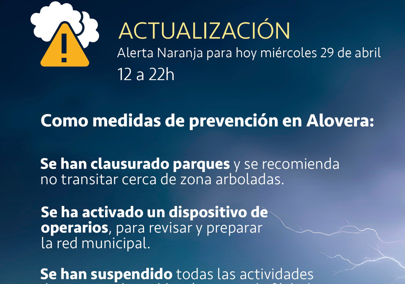 Medidas de prevención por alerta naranja durante el miércoles 29 de abril